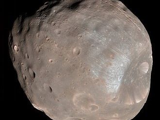 Enhanced-color image of Phobos from the Mars Reconnaissance Orbiter with Stickney crater on the right